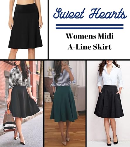 Sweet Hearts A-Line Midi Skirts For Women- Black High Waist Knee Length Casual Flared Flowy Skirt Made In Usa thumb #3