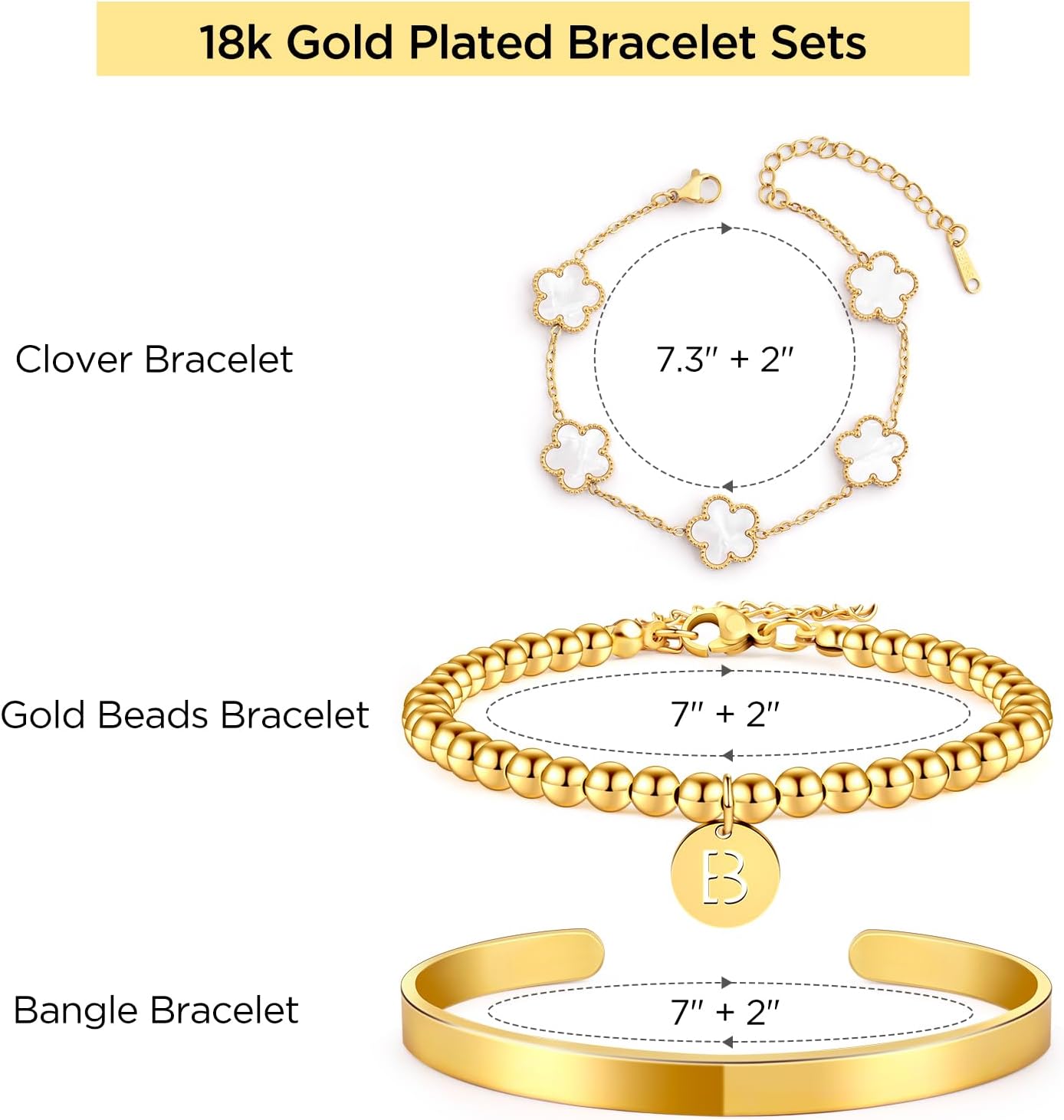 Gold Bracelets Stackable Set for Women Dainty Initial Bracelet 18k Gold Plated Clover Bracelet Non Tarnish Cuff Bracelet Letter A-Z Beaded Bracelet Hypoallergenic - Image 2