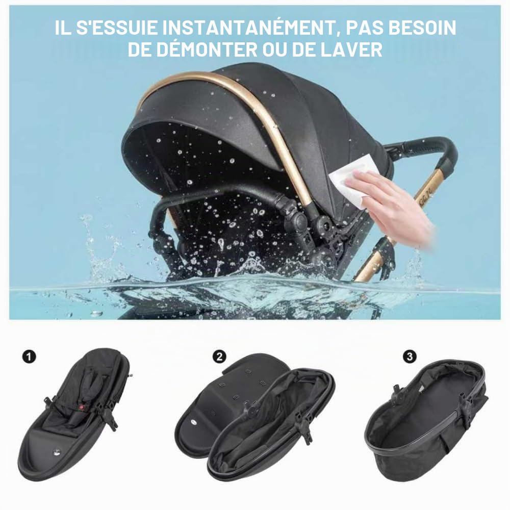 Poussette 3 en 1 pliable avec mode berceau et roues tout terrain | Dossier inclinable modulable, adapté aux nouveau-nés et tout-petits avec accessoires fournis,Noir