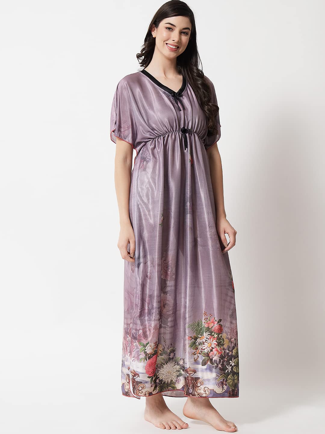 G4Girl Women's Satin Silk Geometric Print Maxi Kaftan Nighty Gown (Free Size, Grey) - Image 5 thumbnail