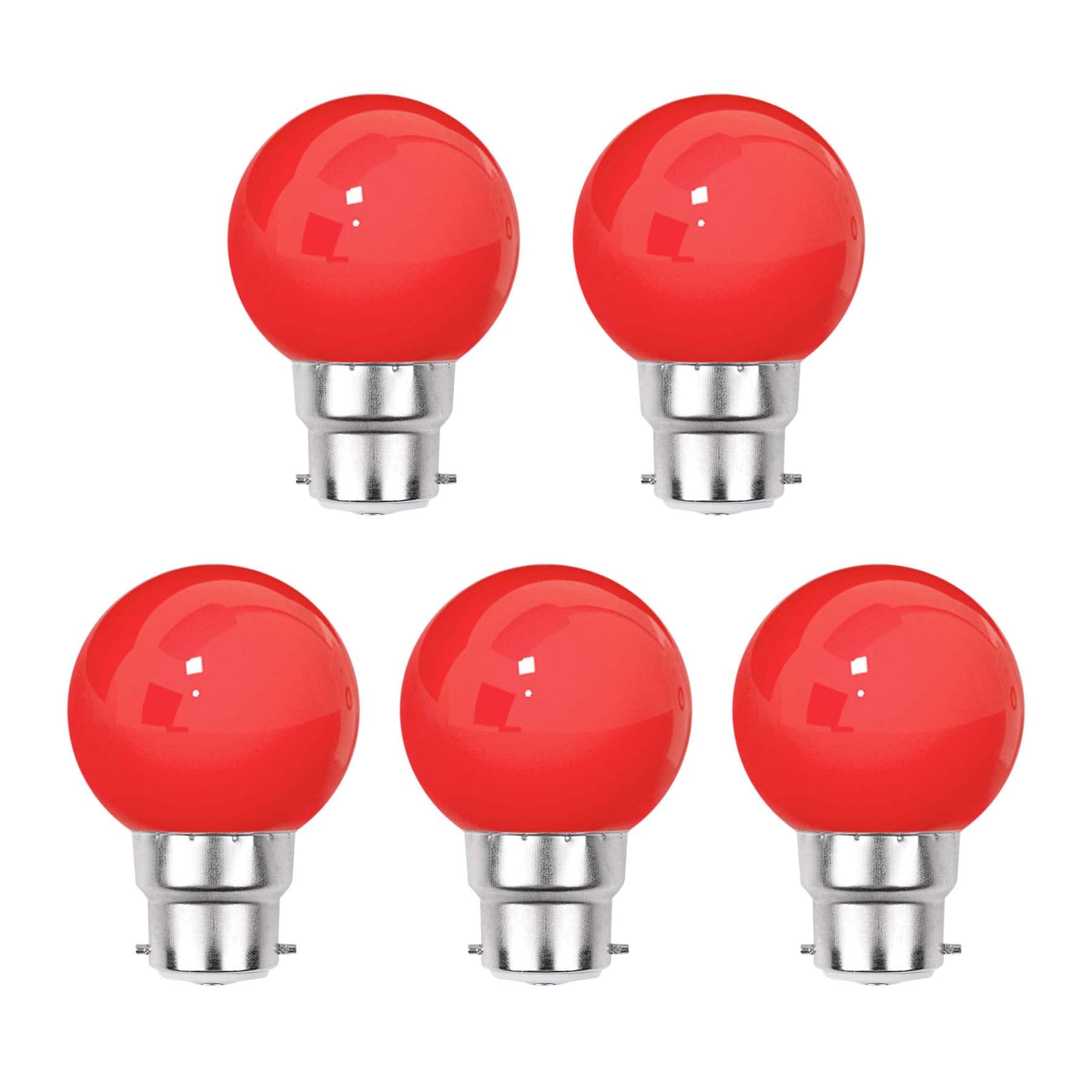 G.W.S® Pack of 5, B22 Bayonet 3W Red, G45 LED Coloured Light Bulb, Garden Party Wedding Festoon Lights