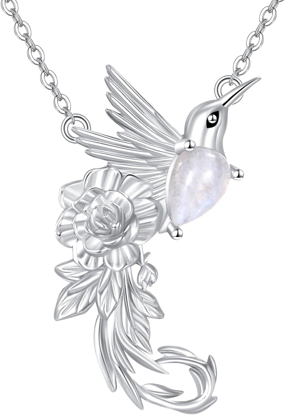 Genuine Rainbow Moonstone Hummingbird Flower Pendant Necklace 925 Sterling Silver Animal Tail Natural Gemstone June Birthstone Jewelry for Women Bird lover