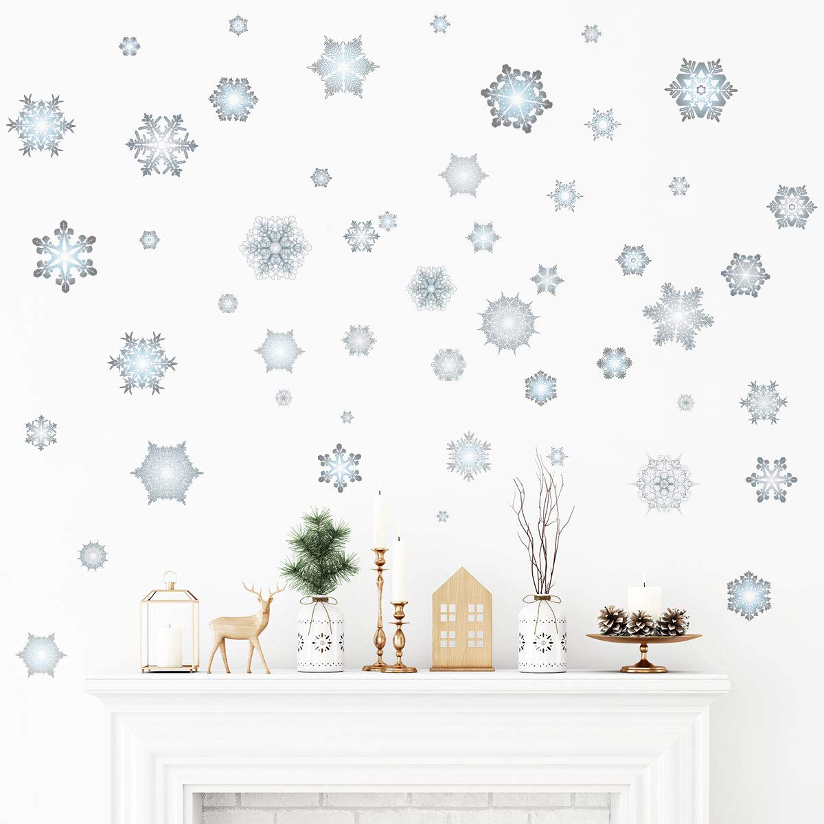 Ambiance Sticker Christmas Merry Christmas Aufkleber, selbstklebend, Weihnachten, Dekoration, Partys, für Schlafzimmer und Wohnzimmer, Schneeflocken – Höhe 70 x Länge 95 cm