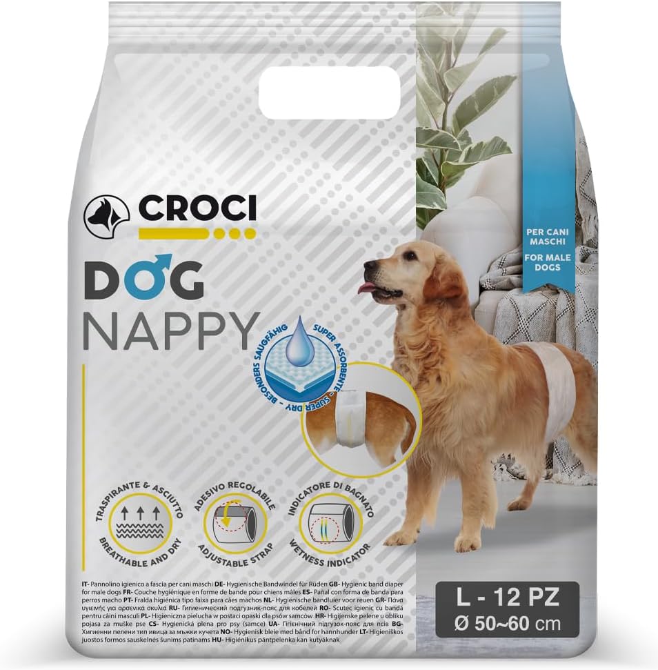 Croci Pieluchy dla psa, kalesony dla psów, higieniczne pieluszki dla psów, bezzapachowe, jednorazowe, 12 sztuk, rozmiar L, 50-60 cm