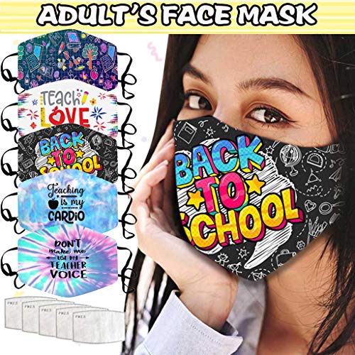 【SHIPPID FROM USA】5PCS Adults Teachers Print Face Bandana_Covering_MASK Cotton Face Protection with 5PCS Filters for Women and Men,Adjustable Fashion Reusable Washable Anti-Haze Breathable Face Fabric