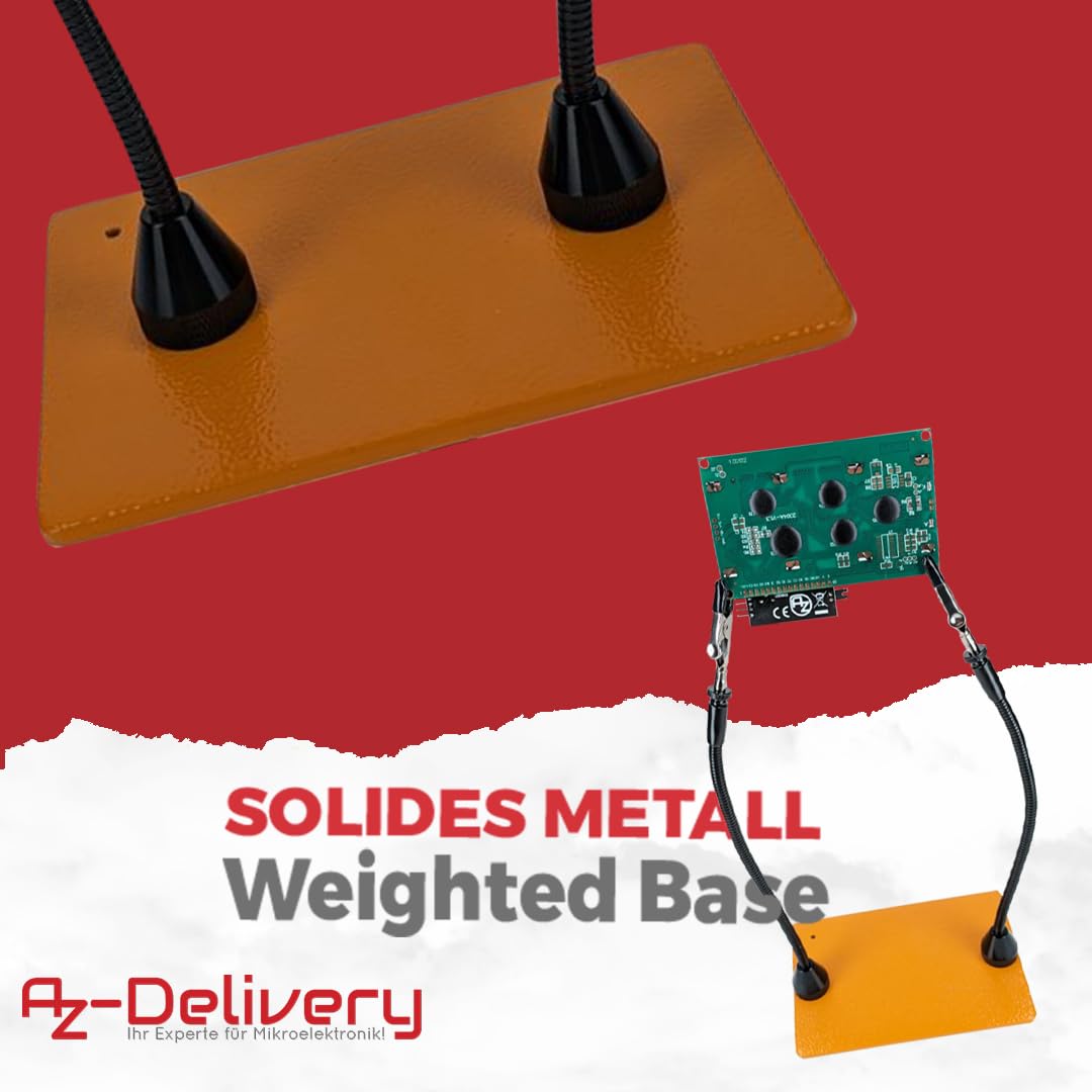 AZ-Delivery Magnetische Dritte Hand Lötstation – Professionelle Löthilfe mit 2 Verstellbaren Helfenden Armen, Platinenhalter & Kleine Krokodilklemmen – Ideal als Lötzubehör & löten lernen