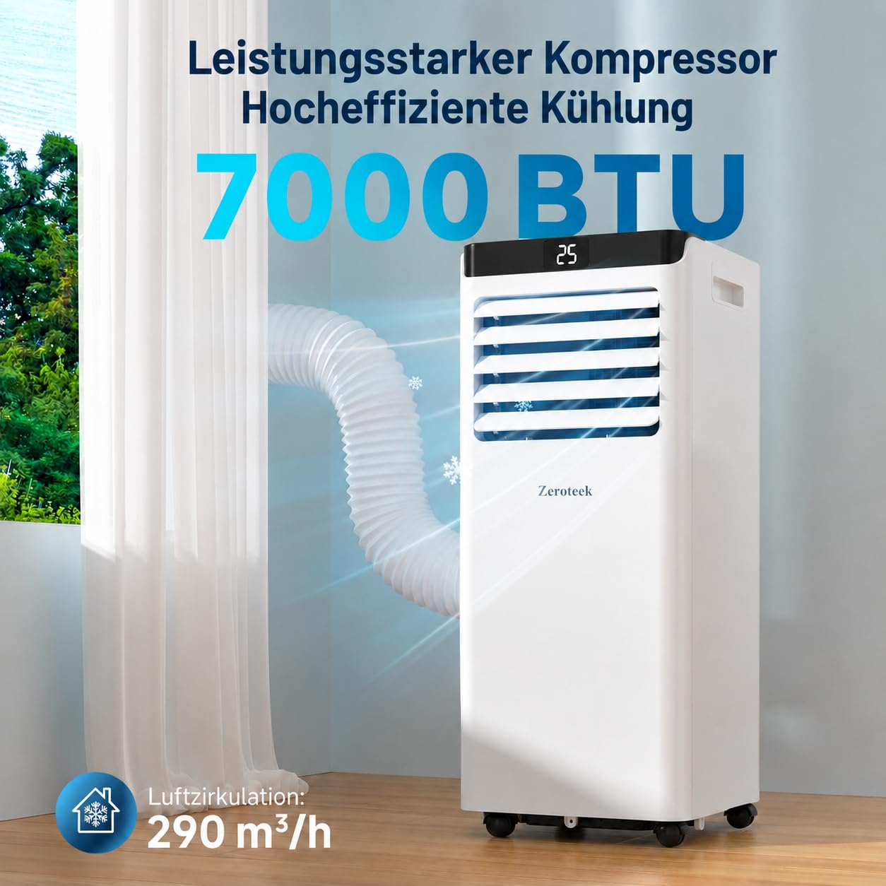 Klimaanlage Mobil, 4-in-1 Leistungsstark Mobile Klimaanlage mit Abluftschlauch, Kühlen, Entfeuchten, Ventilator, Fernbedienung, Intuitive Anzeige, 24h-Timer, Fenster-Kit, für Räume bis zu 33m²/90m³