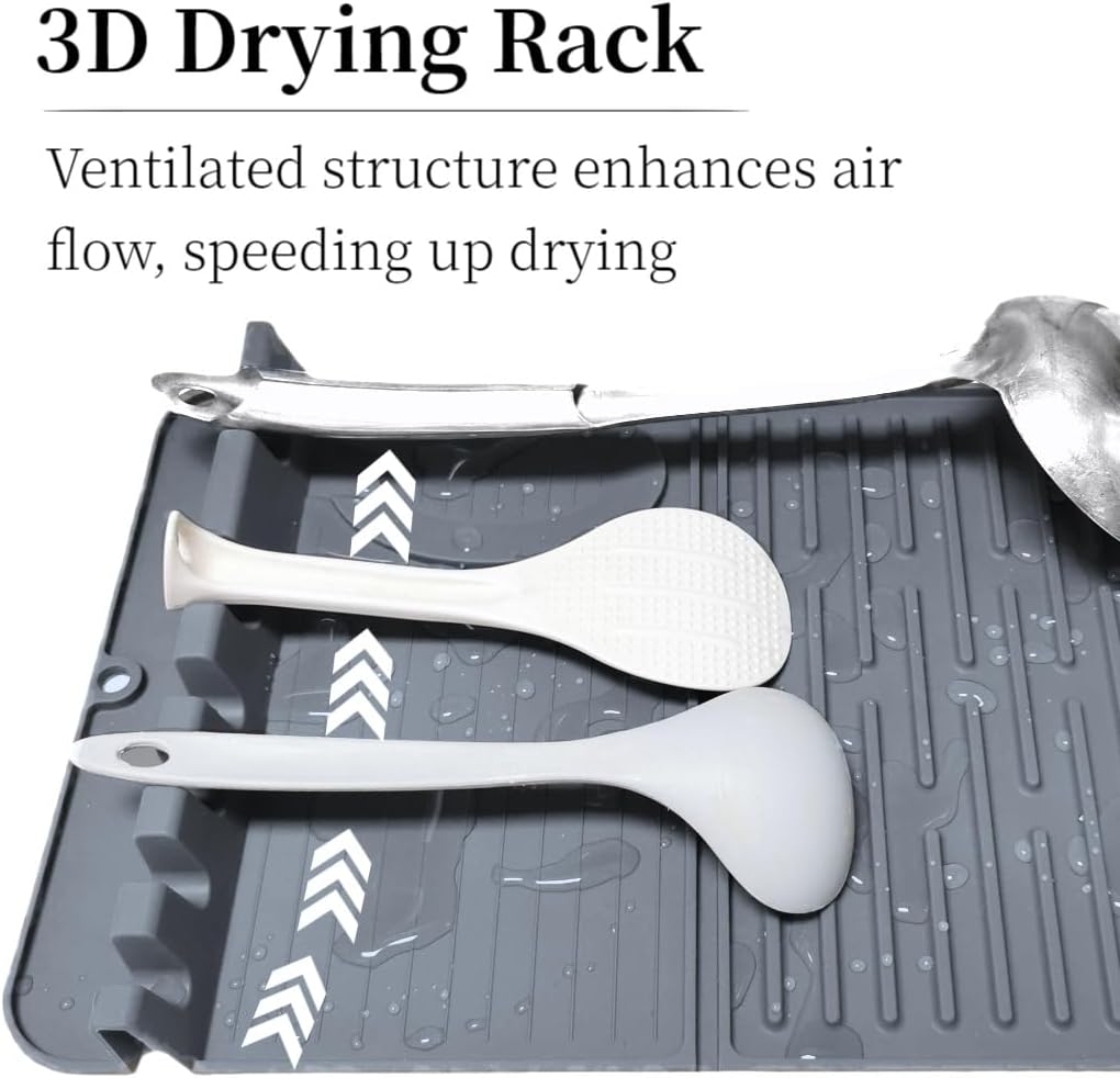 2 Pack Silicone Dish Drying Mat for Small Kitchens Or Travel - 15.8"x10.2" & Foldable & Space-Saving | Heat-Resistant, Non-Slip | Bonus [Drawstring Bag & 2 Suction Cup Hook]