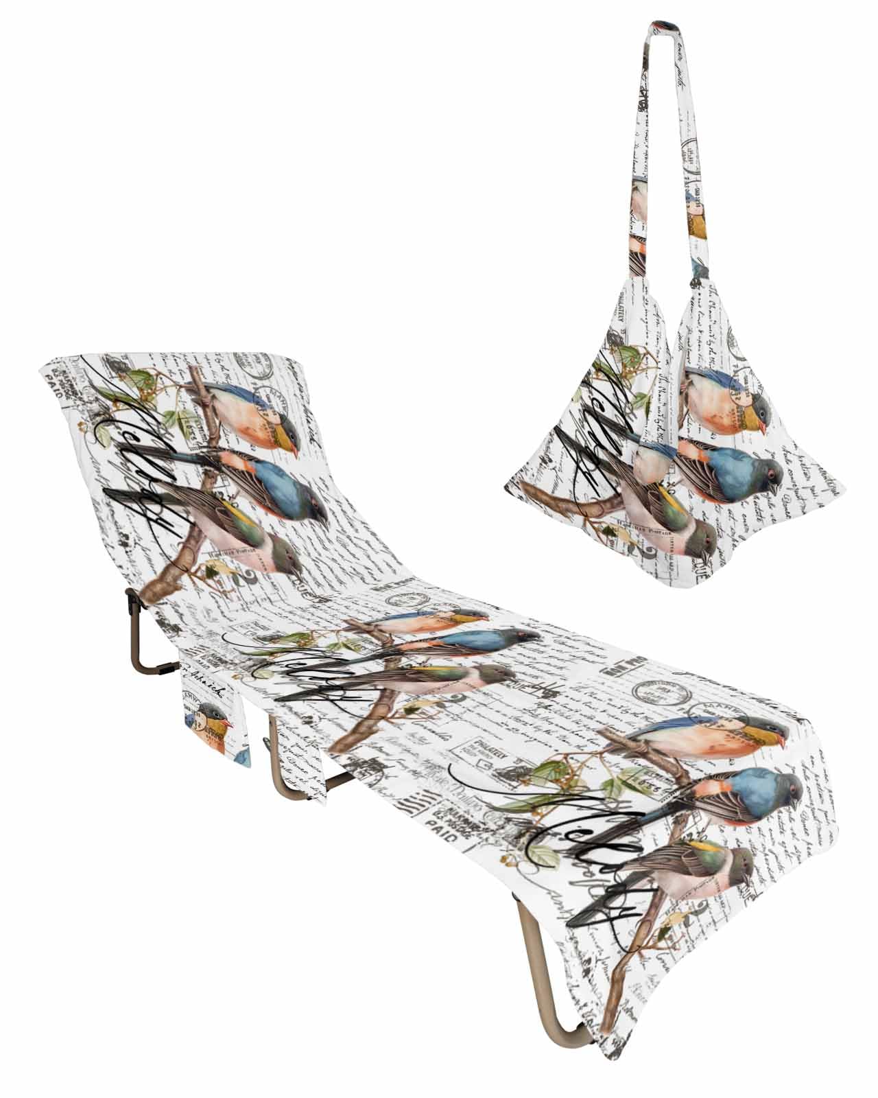 Animal Birds Beach Chair Cover with Side Pockets, Microfiber & Quick Dry Pool Chaise Lounge Chair Towels Covers for Sun Sunbathing Patio Garden Hotel, Old Newspaper English Newsprint White