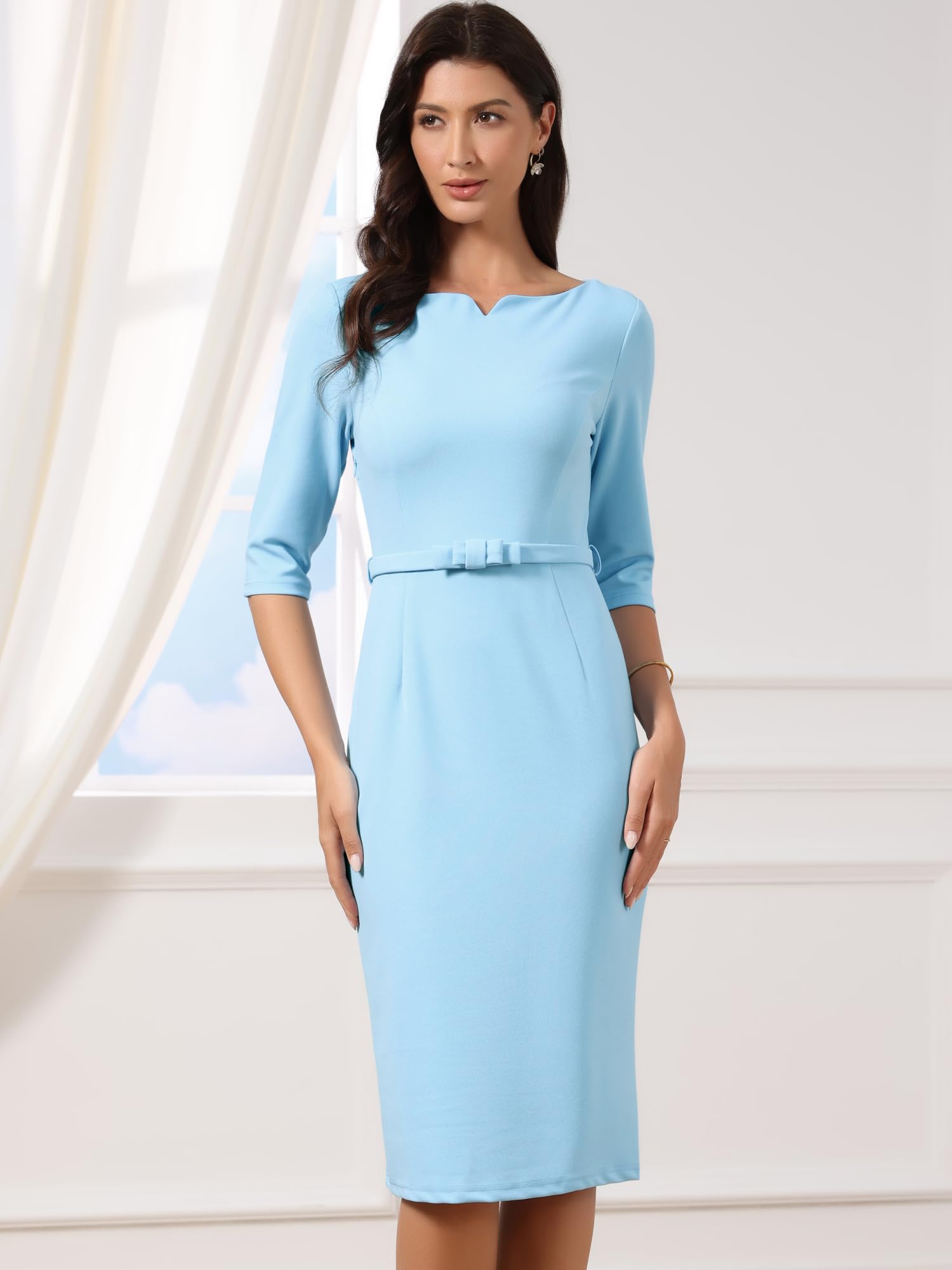 Allegra K Vestidos Midi De Trabajo para Mujer con Cinturón Y Cuello Barco Vestido Formal Elegante con Mangas 3/4