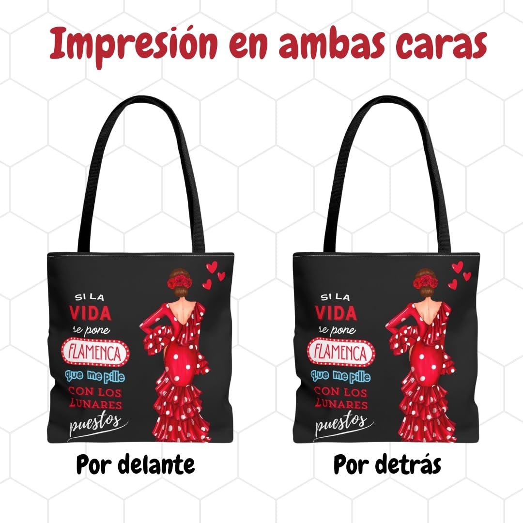 Bolso Tote Flamenco 43x43 cm – Bolsas de Tela con Diseño de Flamenca – Impresión Doble Cara – Asas 60 cm – Poliéster 400 g/m² – Colección Málaga