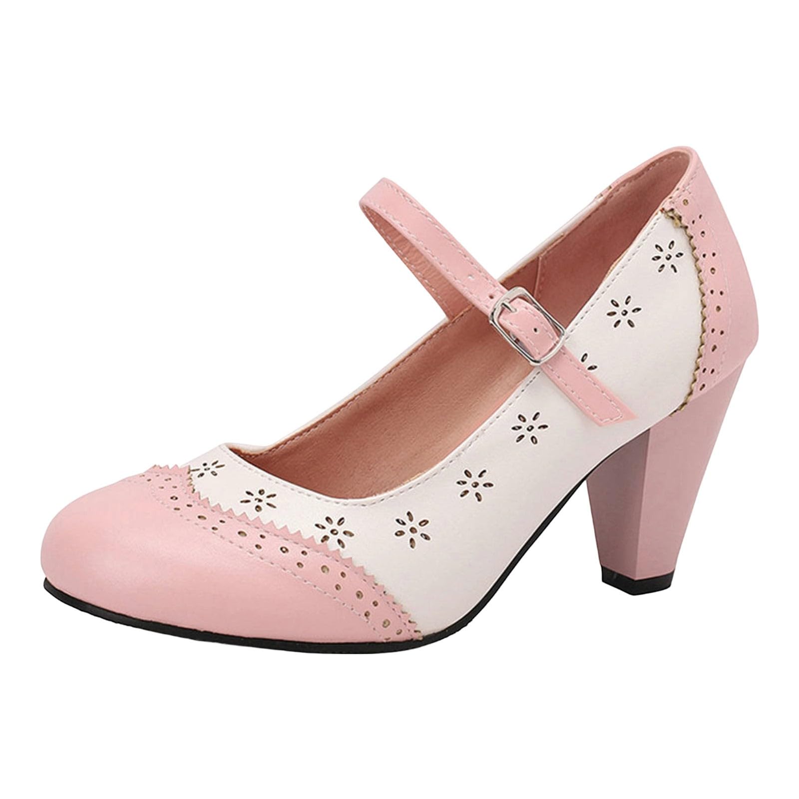 Trachtenschuhe Damen Chunky Absatzschuhe Elegant Pumps High Heels mit runder Zehenpartie perforiertem Blockabsatz und Knöchelriemen zweifarbige Schuhe für Oktoberfest Karneval Party