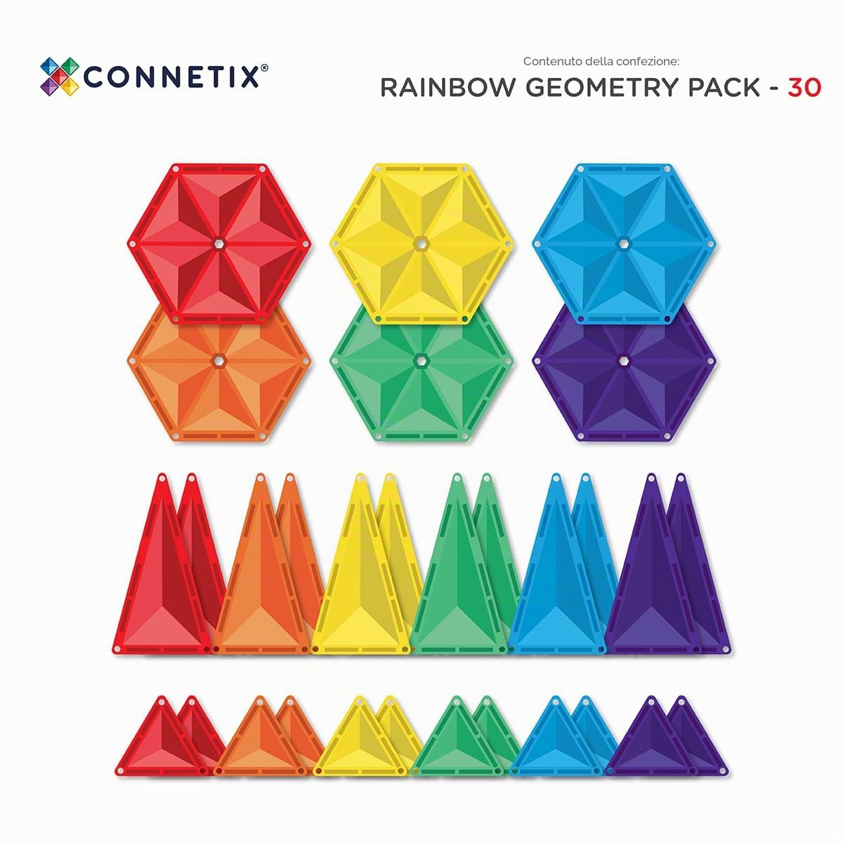 CONNETIX Piastrelle Magnetiche Arcobaleno Pacchetto Geometria, 30 Pezzi
