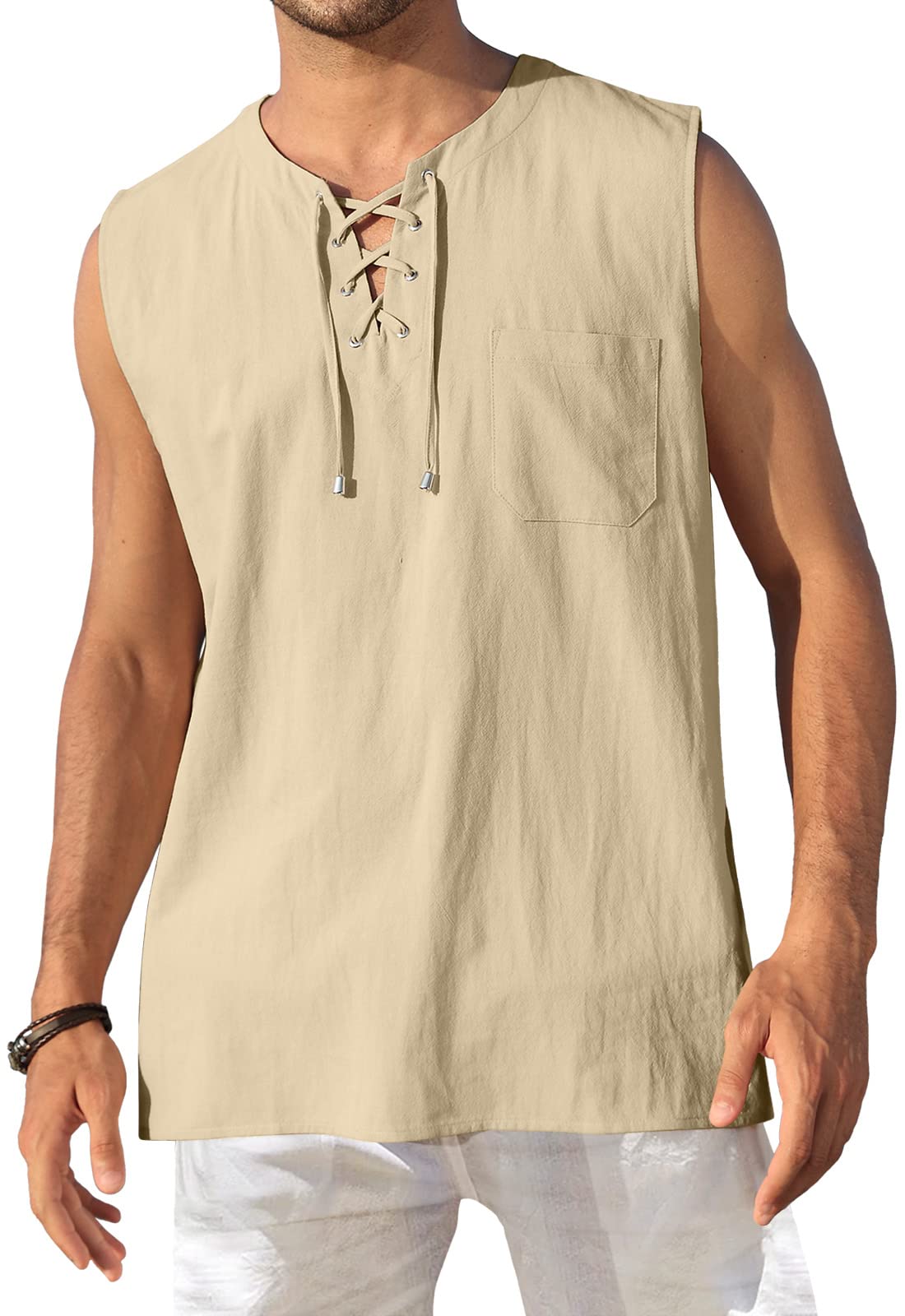 KUYIGO Men's Fashion Beach Sleeveless Shirts Hippie Tank Top Linen Viking Tunic for Summer
