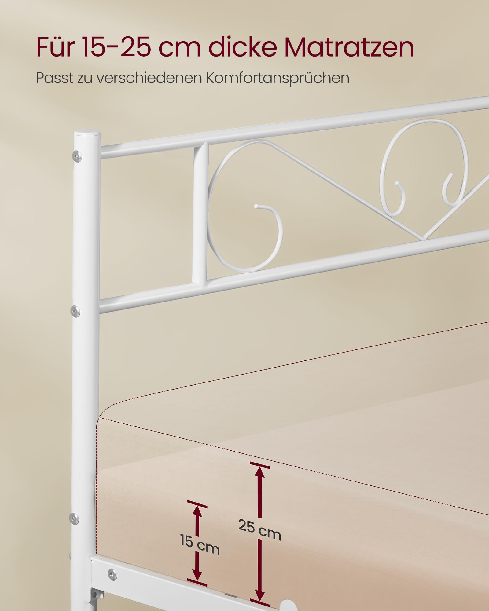 VASAGLE Bett 140 x 200 cm, Gästebett, Doppelbett aus Metall, Bettgestell, Bettrahmen, Metallbett, einfache Montage, mattweiß RMB064WG01