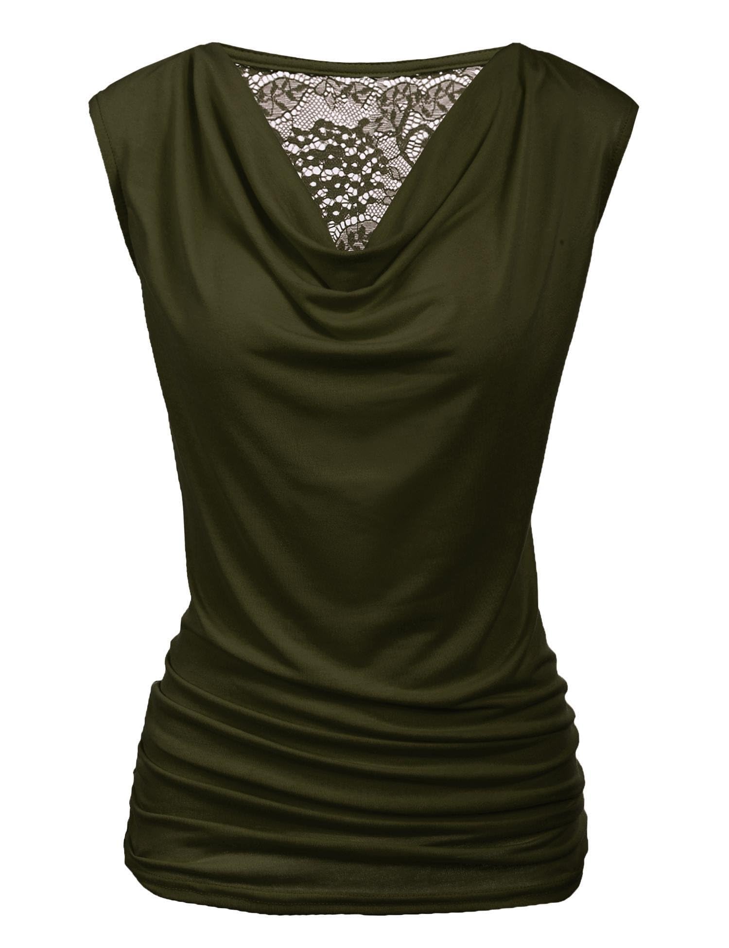 PINSPARK Top Damen Spitzen Tanktop V-Ausschnitt Oberteil Wasserfall Ärmellose Bluse Lässige Sommer Blusentop Party Falten Weste Basic Tanktops