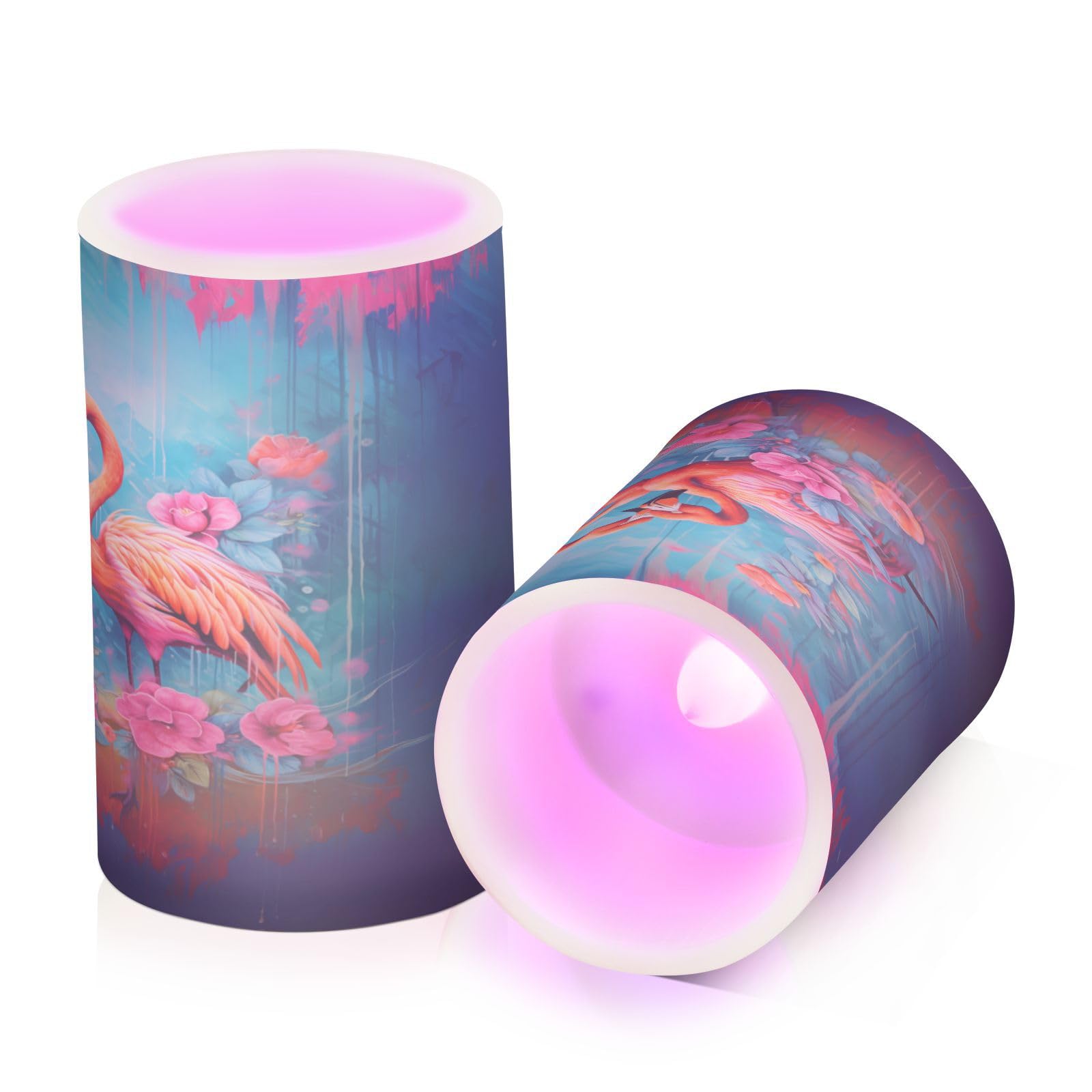 ALAZA Pink Flamingo Flowers08 Flickering Flameless Candles Battery Operated with Remote Timer,Tea Light Candles LED Pillar Votive Candles Set of 2 for Outdoor Indoor Decorations