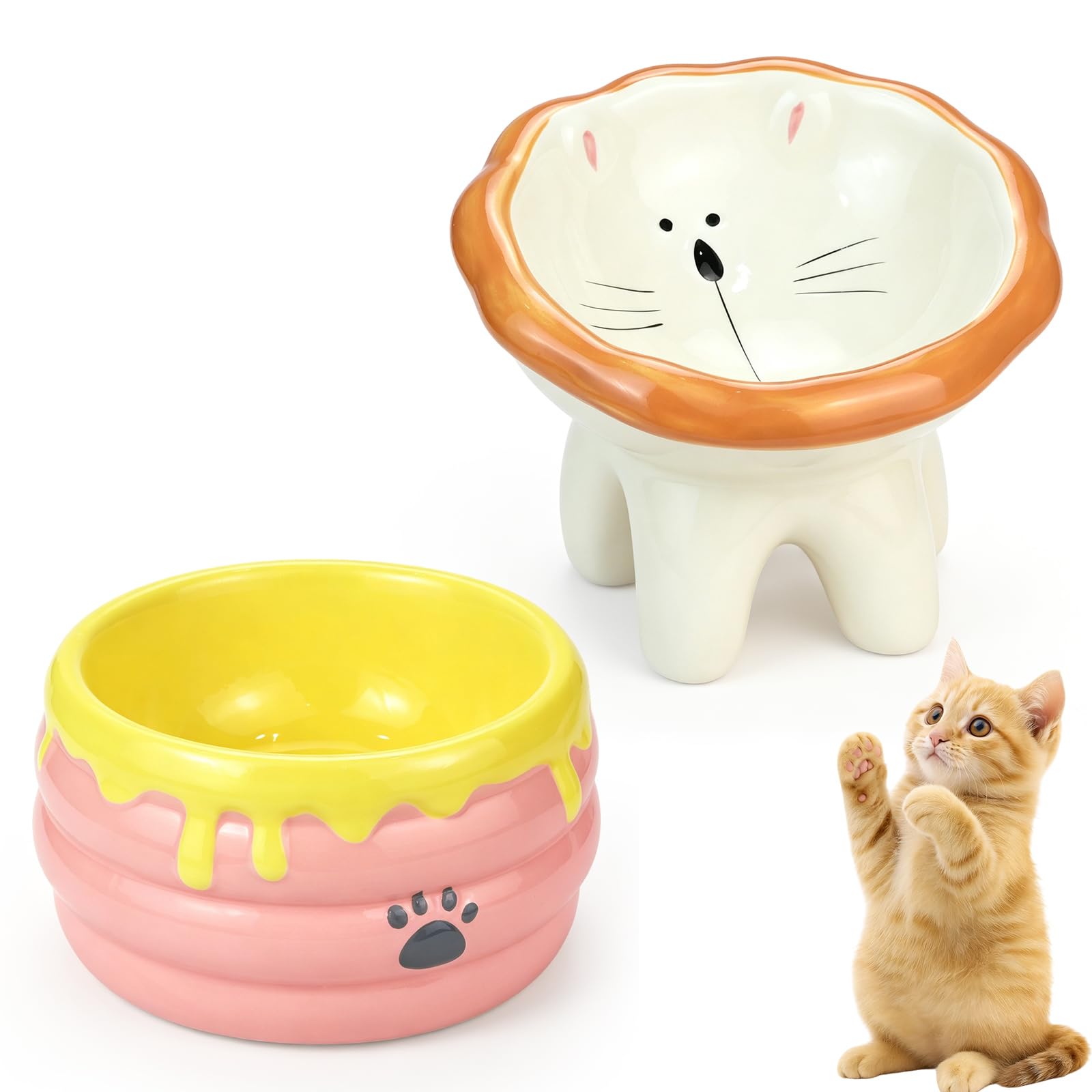2 Pack Ceramic Cat Bowls, Tilted Elevated Cat Feeding Station & 300ML Cat Water Bowls for Cat & Small Dogs,Cute Lion Honey Pot Shape for Whisker Friendly Neck Protection Anti-Vomiting(Lion, Honey Pot)
