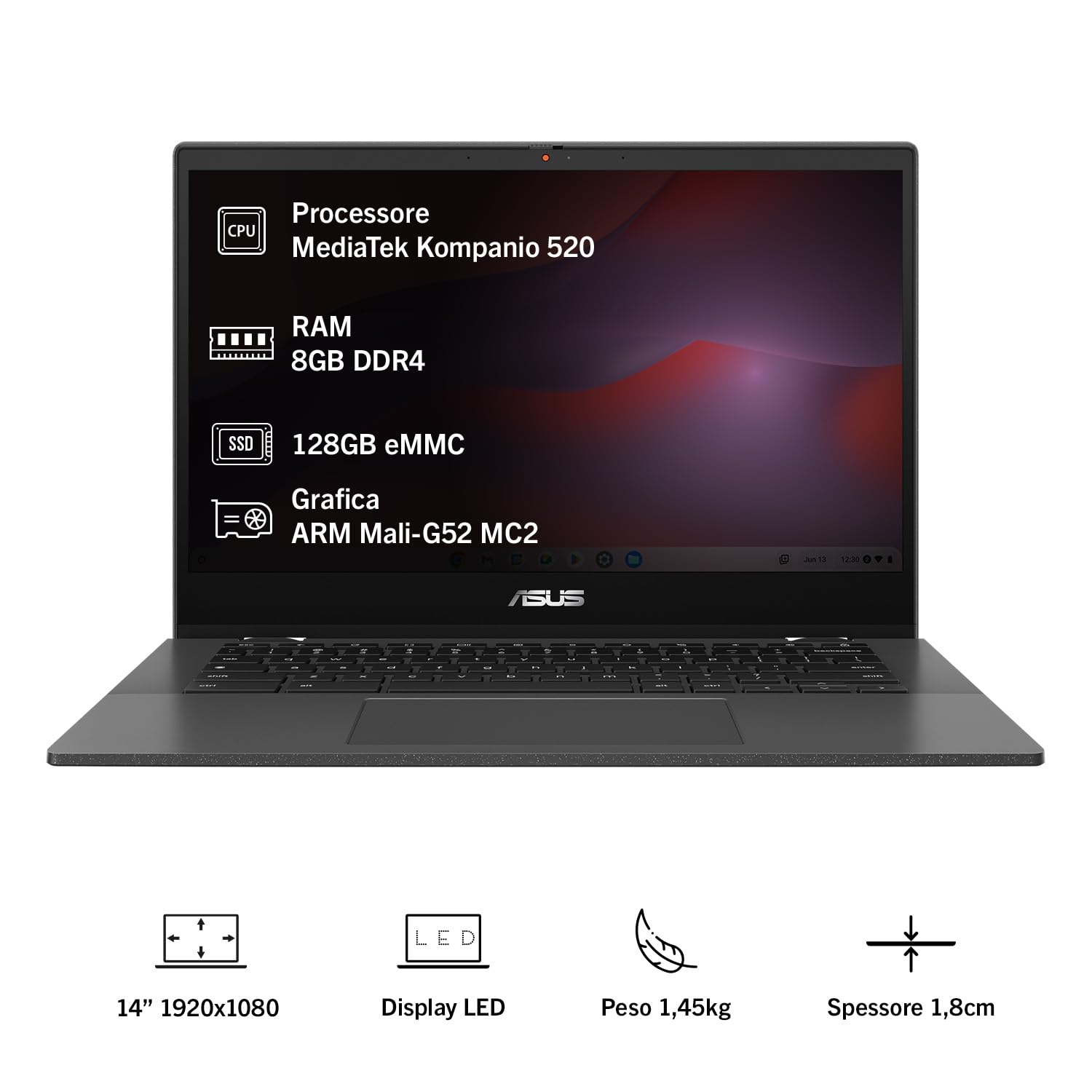 ASUS Chromebook CM1402CM2A#B0D5RFLLH4, Notebook con Monitor da 14" Anti-glare, 60Hz, Processore MediaTek Kompanio 520, RAM 8GB, 128GB eMMC, grafica ARM Mali-G52 MC2, ChromeOS, Grigio