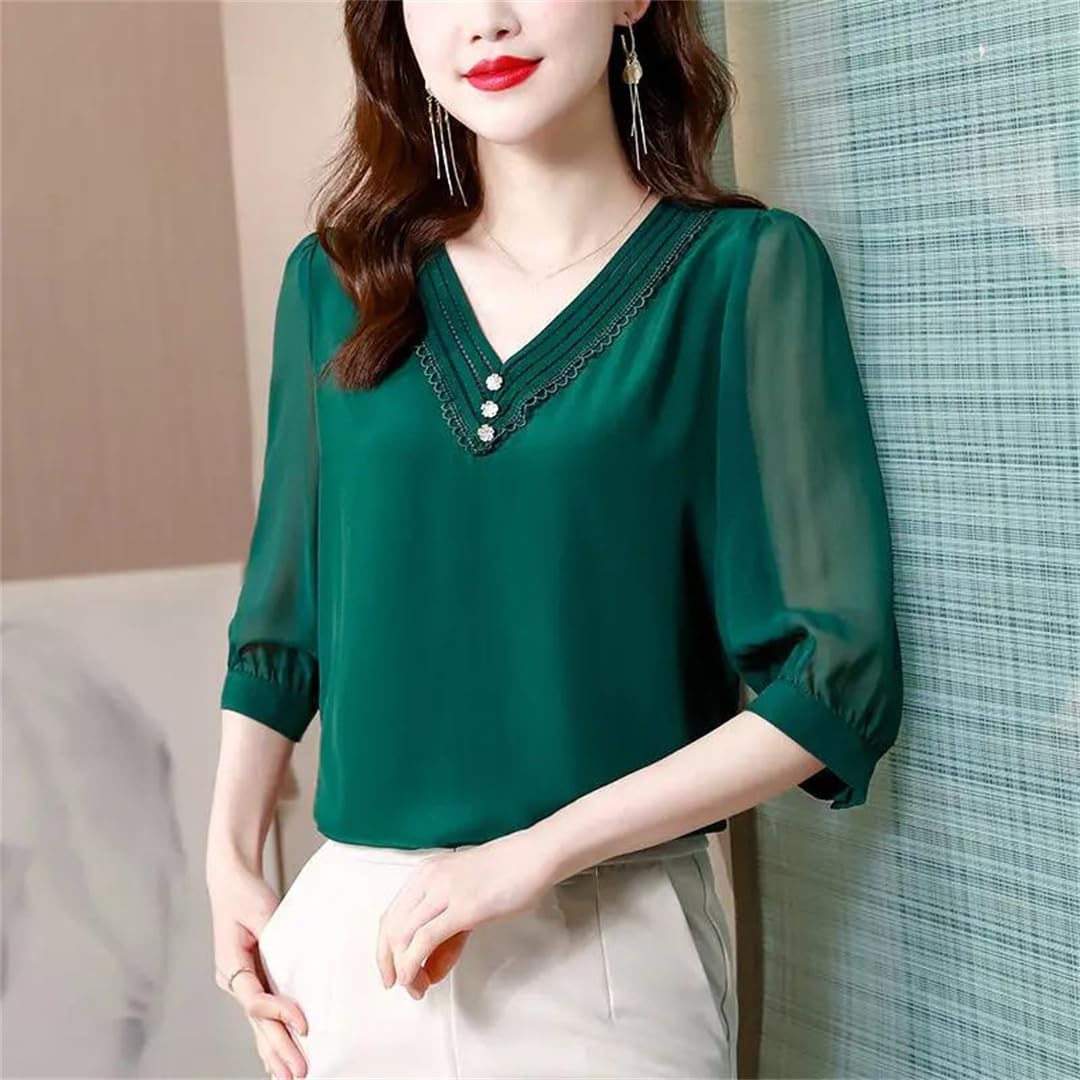 Yeuyyben Donne Estate Ufficio Stampa Tinta Unita Chiffon Pullover Scollo a V Camicetta Signore Moda Pizzo