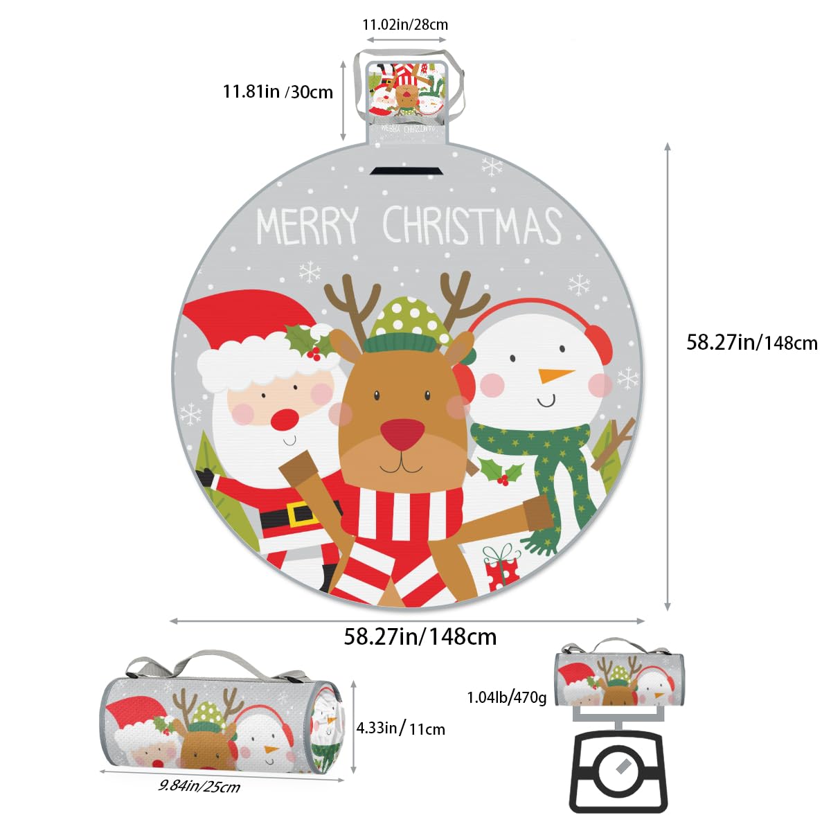 Shimoshe Cartoon Santa Claus Snowman Elk Picnic Outdoor Blanket Foldable Waterproof Sandproof Beach Blanket Portable Water-Resistant Round Picnic Mat for Travel Camping Park Lawn