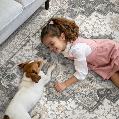 GENIMO 7'6''x9'6'' Area Rugs for Living Room, Machine Washable Non Slip Vintage Rugs, Low Pile Lightweight Chenille Print Rug for Bedroom, Dining Room, Home Office, Heathered Grey