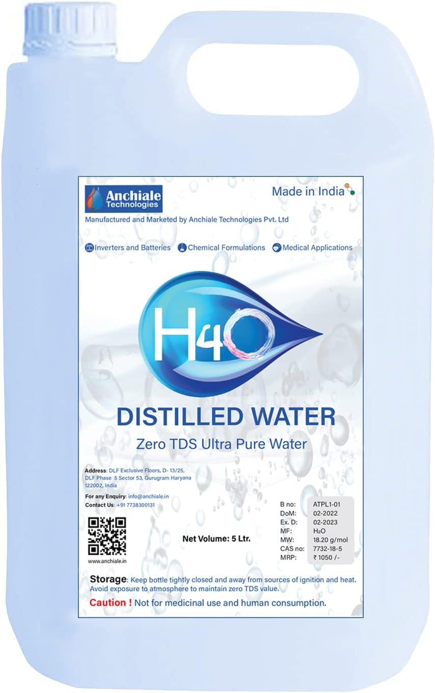H4O: Ultra Pure Distilled Water (TDS = 0) (5 Litre), Great for Inverter Batteries, Medical Equipments and DIY Cosmetics. Increases the life of all types of laboratory equipment. (5 Ltr)