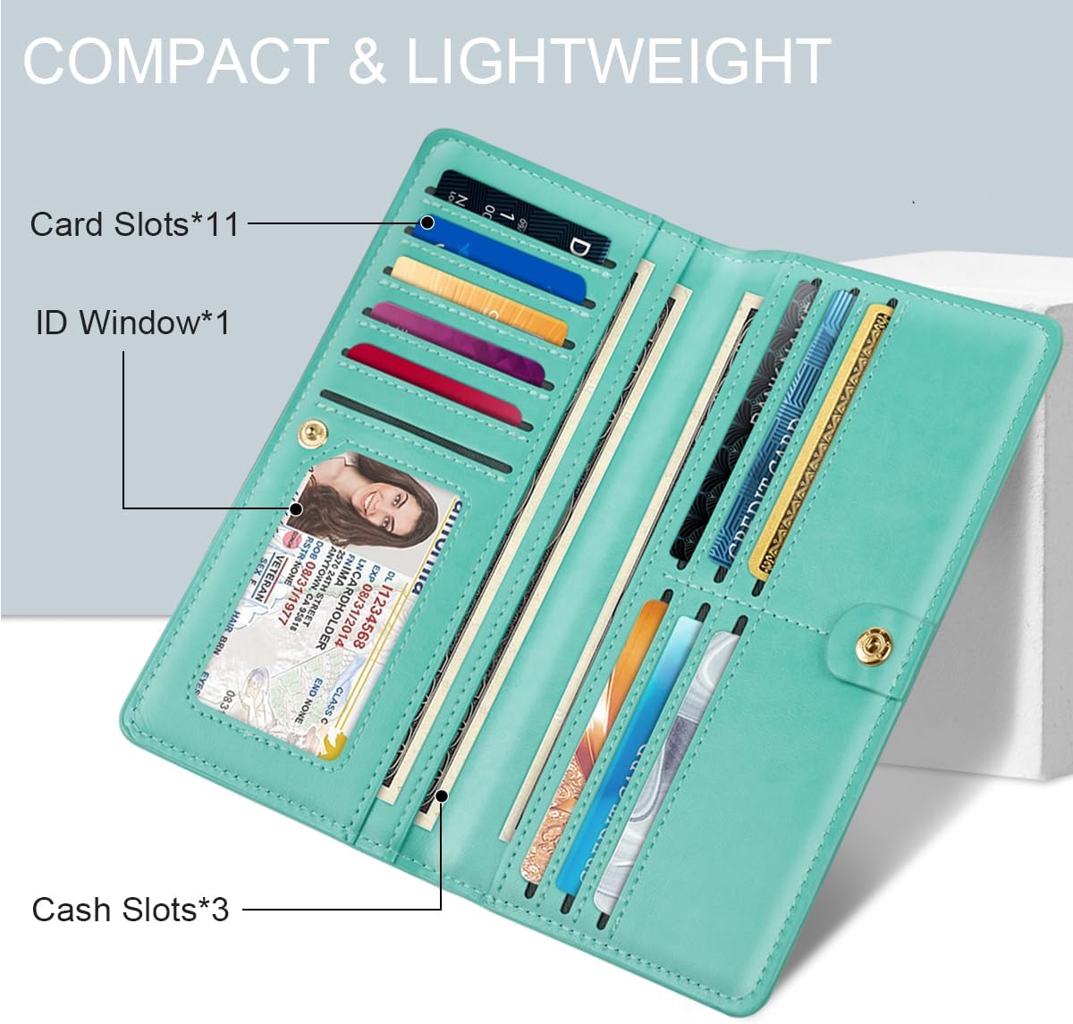 Ultra Slim Womens Wallet Minimalist Thin Long Leather Bifold Wallet RFID Blocking Card Holder Organizer with Zipper Coin Pocket Ladies Girls Gift Purse, Green Flowers - Image 3