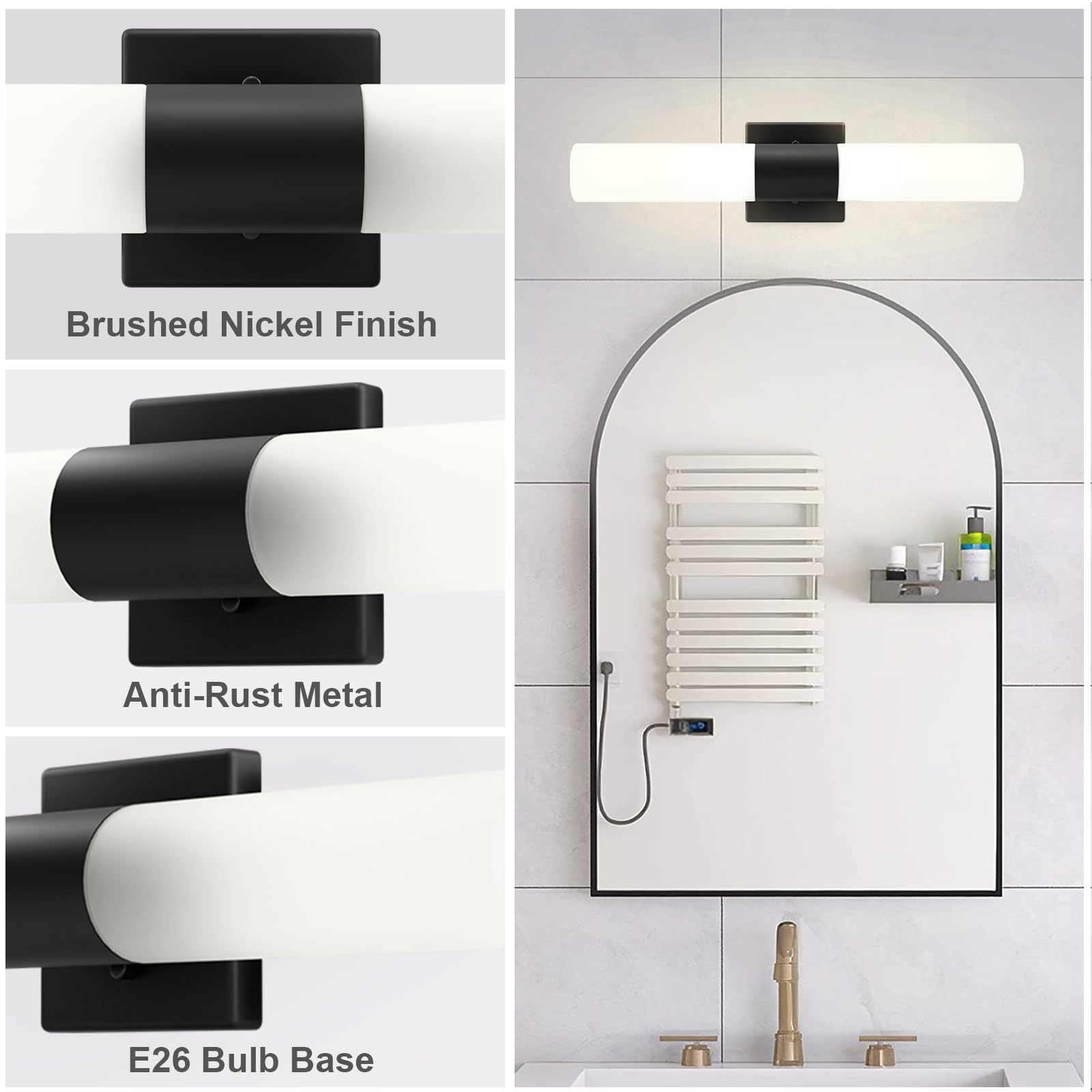Bathroom Wall Sconces Set of Two, 21 Inch Modern Vanity Lights with Frosted Glass Shade, Bathrooms Vanity Lighting Fixtures for Mirror Bedroom Living Room Hallway (Black)