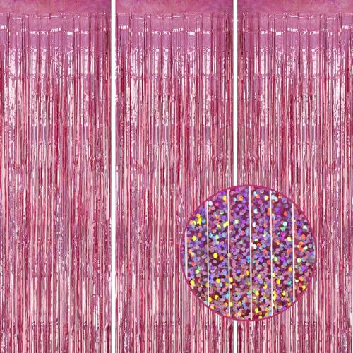 Image of DECOCKRAT 3 Pack Foil Fringe Backdrop - Laser Pink Shiny Tinsel Curtains for Party Decoration /Photo Booth Props - 3.3x8.2 FT Metallic Foil Backdrop for Birthday, Wedding, Graduation, Christmas.