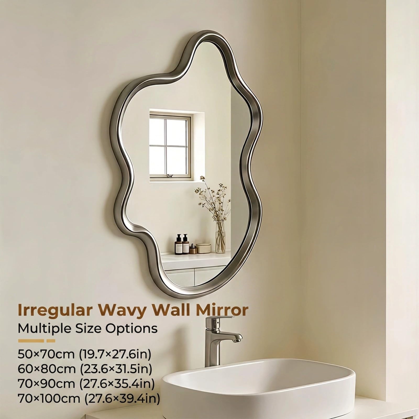 Specchio da Parete Irregolare Vetro HD Cornice Nichel Spazzolato 50x70cm