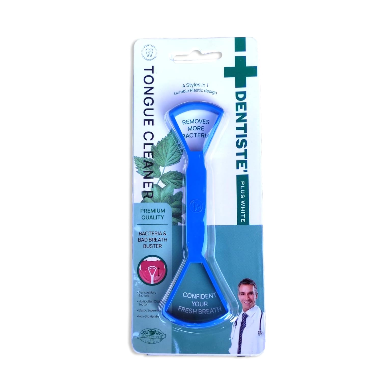 DENTISTE Limpador de Língua para Adultos Plástico Não Metálico 2 em 1 - Reutilizável, Azul, Qualidade em Limpador de Língua, Tratamento de Mau Halito - 1 Pacote
