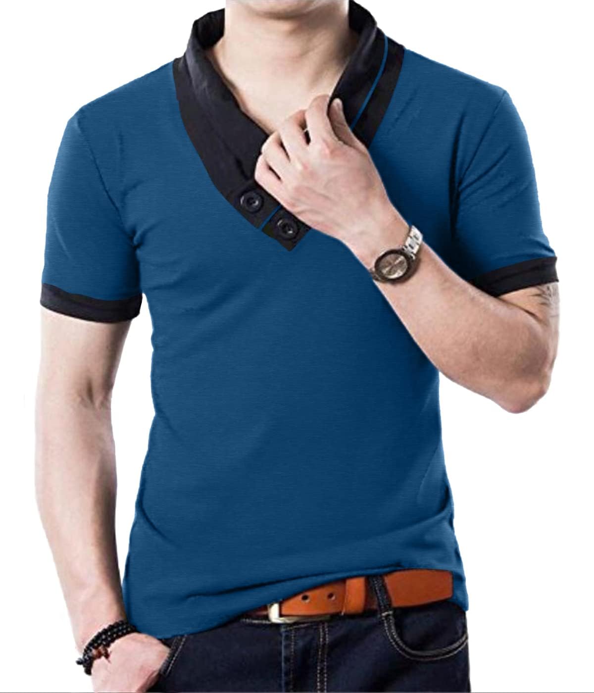 YTD Mens Cotton Casual V-Neck Button Slim Muscle Tops Tee Short Sleeve T-Shirts - Image 2