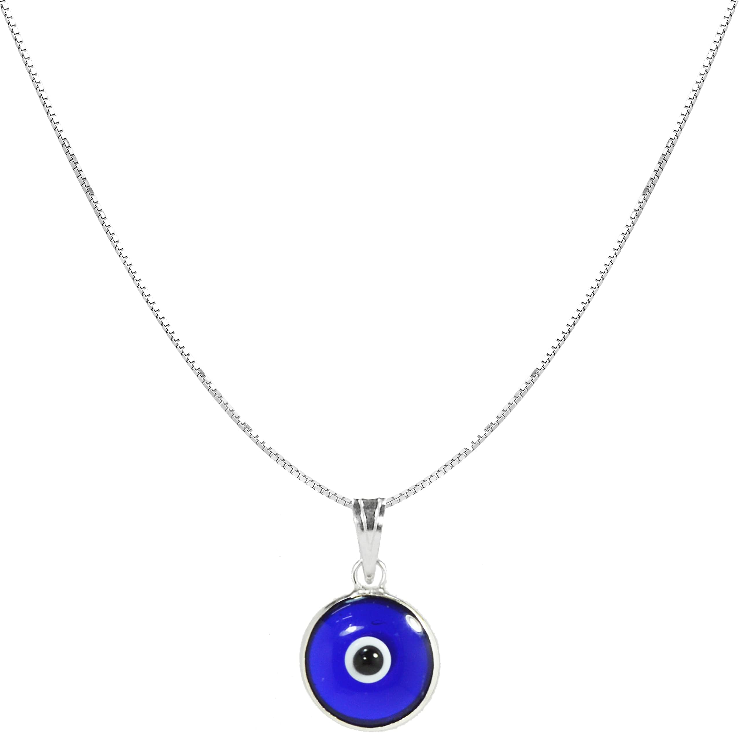 PICK YOUR CHARM - Blue Red or White Evil Eye Protection Charm Pendant on 20 Inch Silver Box Chain Necklace for Men & Women - Evil Eye Jewelry in 925 Sterling Silver
