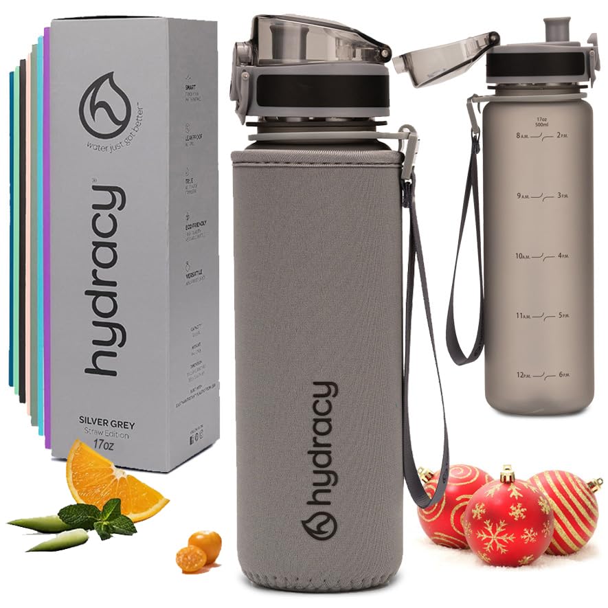Hydracy Water Bottle with Time Marker -Large BPA Free Water Bottle & No Sweat Sleeve -Leak Proof Gym Bottle with Fruit Infuser Strainer & Times to Drink -Ideal for Fitness Sports & Outdoors
