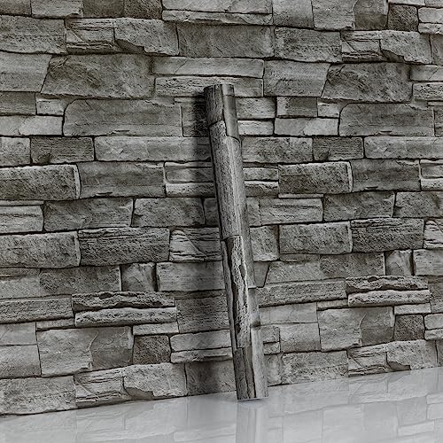 Hode Selbstklebende Tapete Steinoptik 44x600cm, Klebefolie Steinoptik Grau, Selbstklebende Folie Ziegel für Möbel Küche Schlafzimmer, Wandtapete Steintapete Backstein Wohnzimmer Wasserdicht