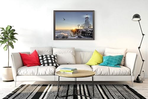 Miniatura 2 de Kit de pintura de diamante 5D para bricolaje, faro, cabeza de mármol, invierno, amanecer, lago Erie, gran hielo y nieve fría, 16 x 20 pulgadas, para