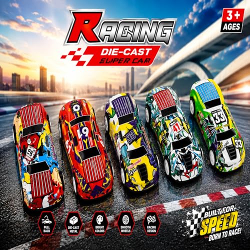 Image of GITGRNTH 5-Piece Pull Back Die-Cast Car Set for Kids | Metal Racing Toy Cars with Pull Back Action | Mini Sports Car Collection | Educational Vehicle Toys for Boys & Girls Age 3+
