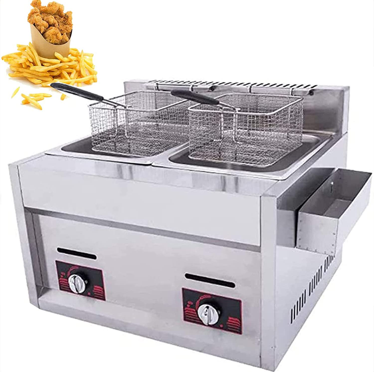 Freidora Comercial Gas Lpg, Máquina Freidora Cocina con Encimera, Deep Fryer con 2 Cestas para Freír, para Restaurantes Papas Fritas Puestos Comida Rápida