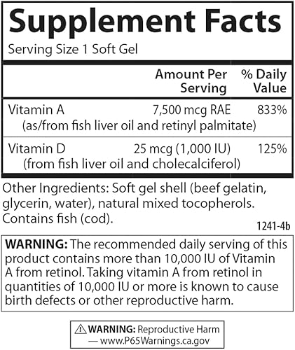 Miniatura 4 de Carlson - A y D, 25000 UI (7500 mcg RAE) Vitamina A, 1000 UI (25 mcg) de vitamina D, apoyo a la visión, salud de la piel, 100 cápsulas blandas