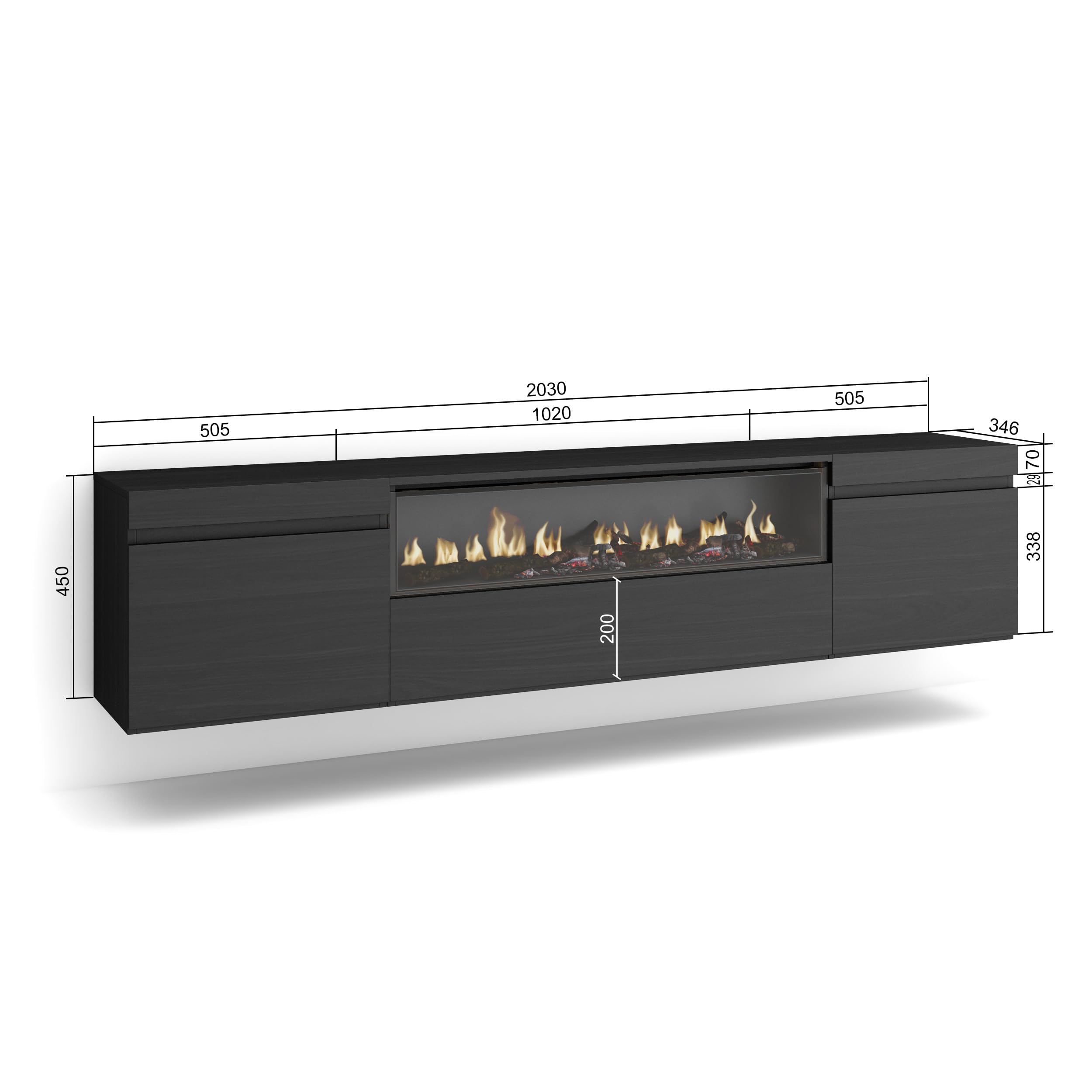 Skraut Home | Meuble TV | Banc Télé | Grand Espace de Rangement | 200x45x35cm | pour Les TV jusqu'à 80" | Cheminée électrique | Suspendu, Mural | Style Moderne | Noirs