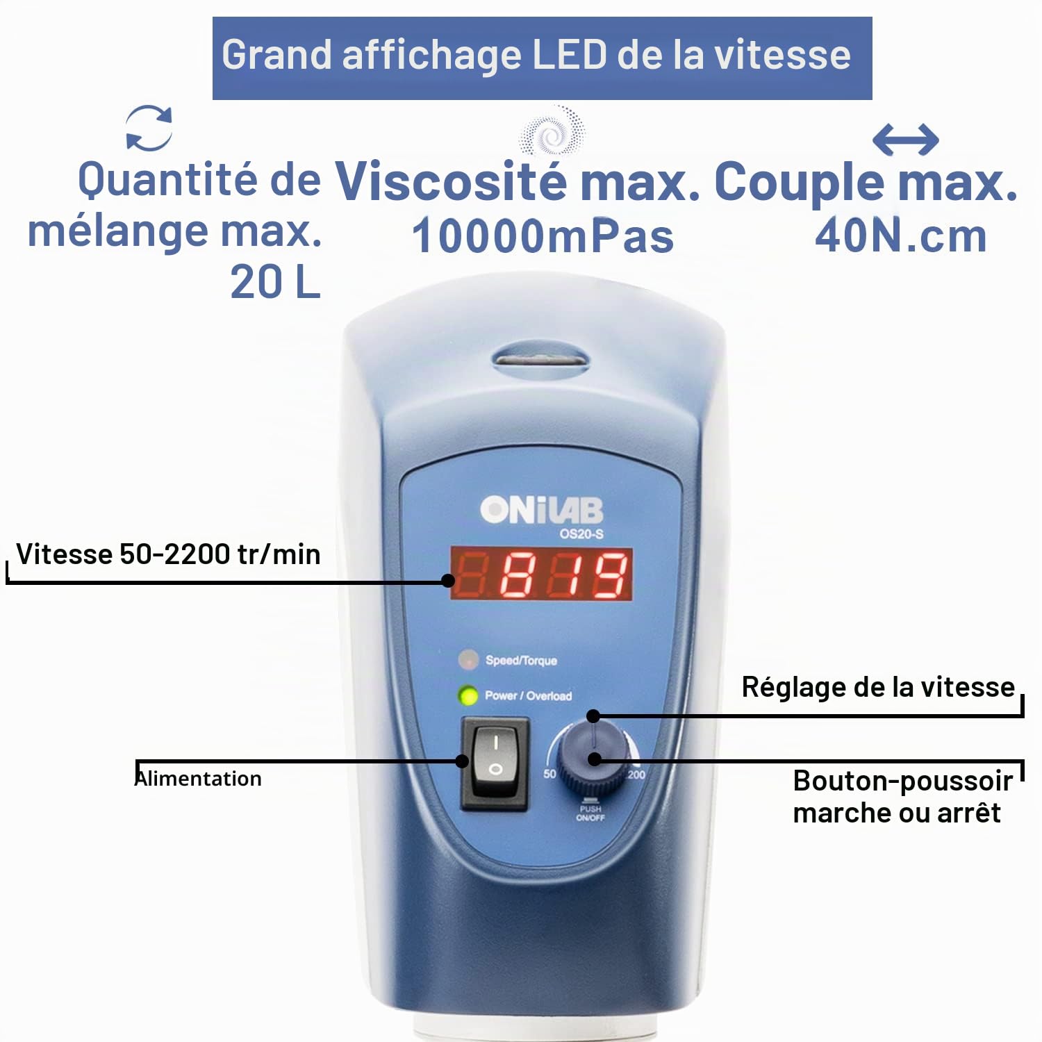 ONiLAB Mélangeur électrique, mélangeur numérique LED avec agitateur, 20 l, 10 000 mPas, 50~2200 tr/min, alliage d'aluminium (support inclus)