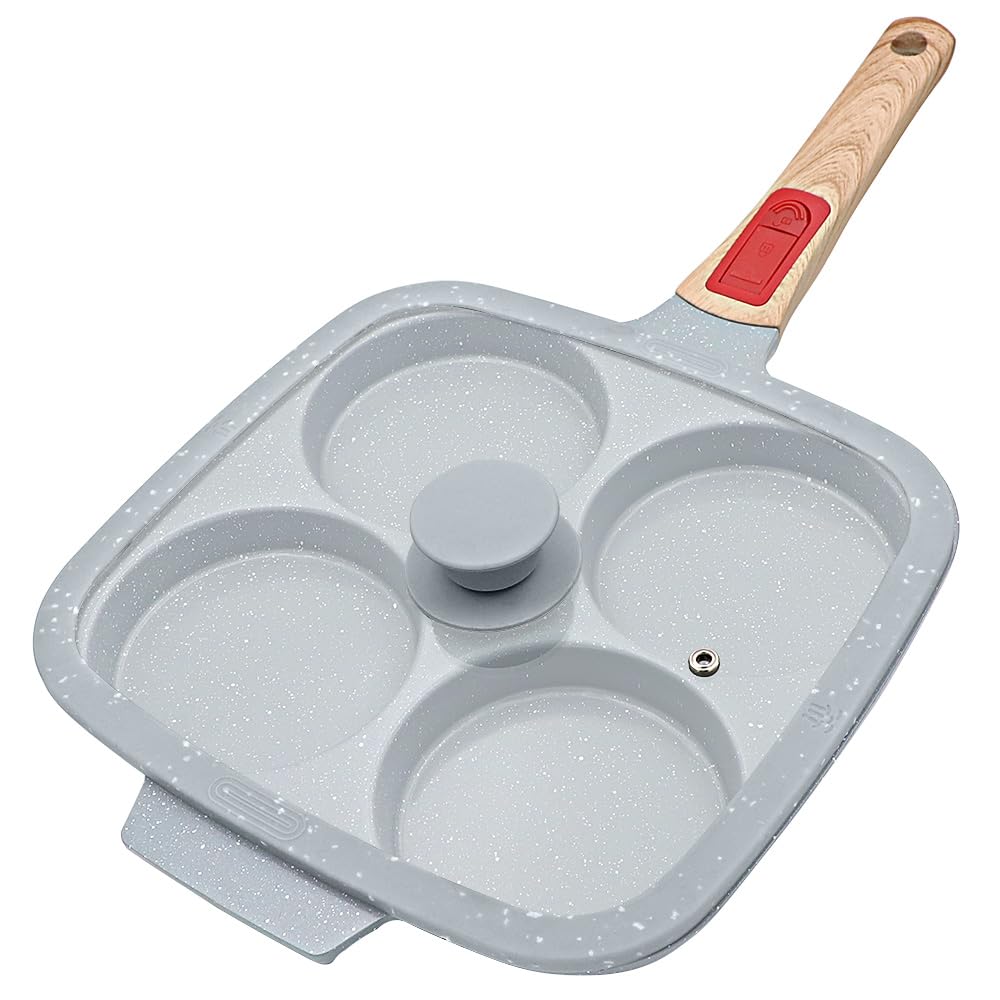 Grande Poêle à Pancakes 4 Cavités en Céramique 26 x 24 cm avec Couvercle | Grande poêle à 4 cavités pour œufs, pancakes et burgers, avec couvercle et revêtement antiadhésif.
