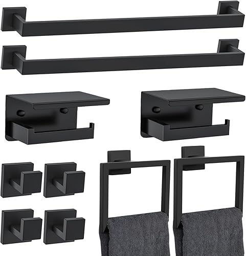Miniatura 12 de Juego de 10 piezas de accesorios de ferretería de baño negro mate, juego de barras de toalla negras, juego de portatollas de acero inoxidable 10