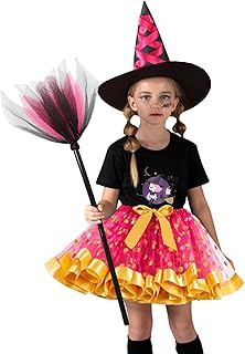 Fantasias de bruxa de Halloween, vestido chique de bruxa mágica, saia tutu com vassoura de bruxa e chapéu para crianças, bruxa Cucimfew