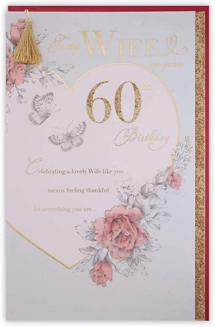 Clintons: Flowers And Butterfly - 60th, 60th Wife Milestone Birthday Greetings Card, 165x254mm, multicolor