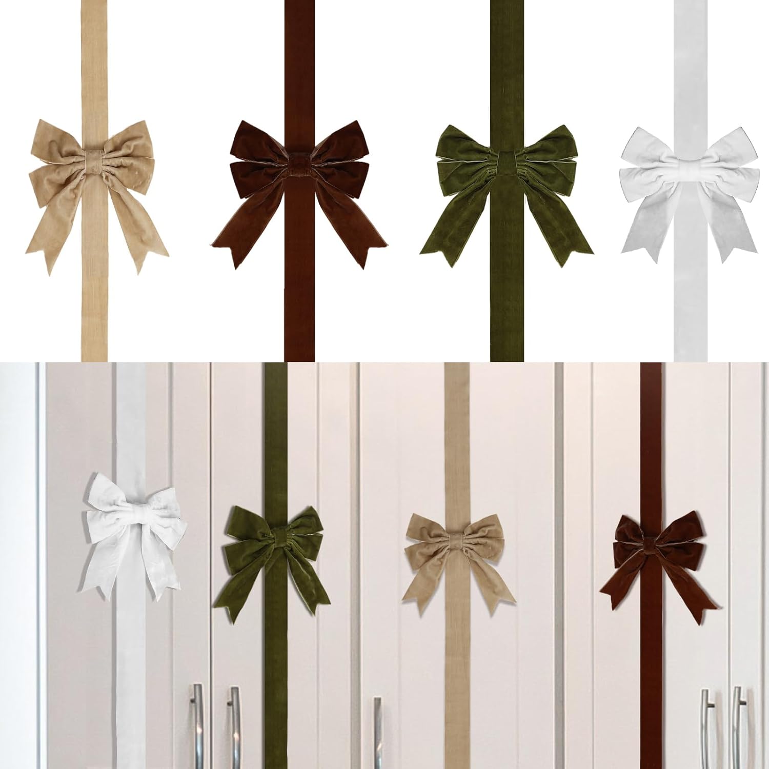 Knitgrip Set of 4 Christmas Velvet Cabinet Ribbon Bows 78 Inch Festive Large Xmas Bow Artificial Front Door Holiday Ribbons for Party Furniture Room Kitchen Decorations(Red,Green)