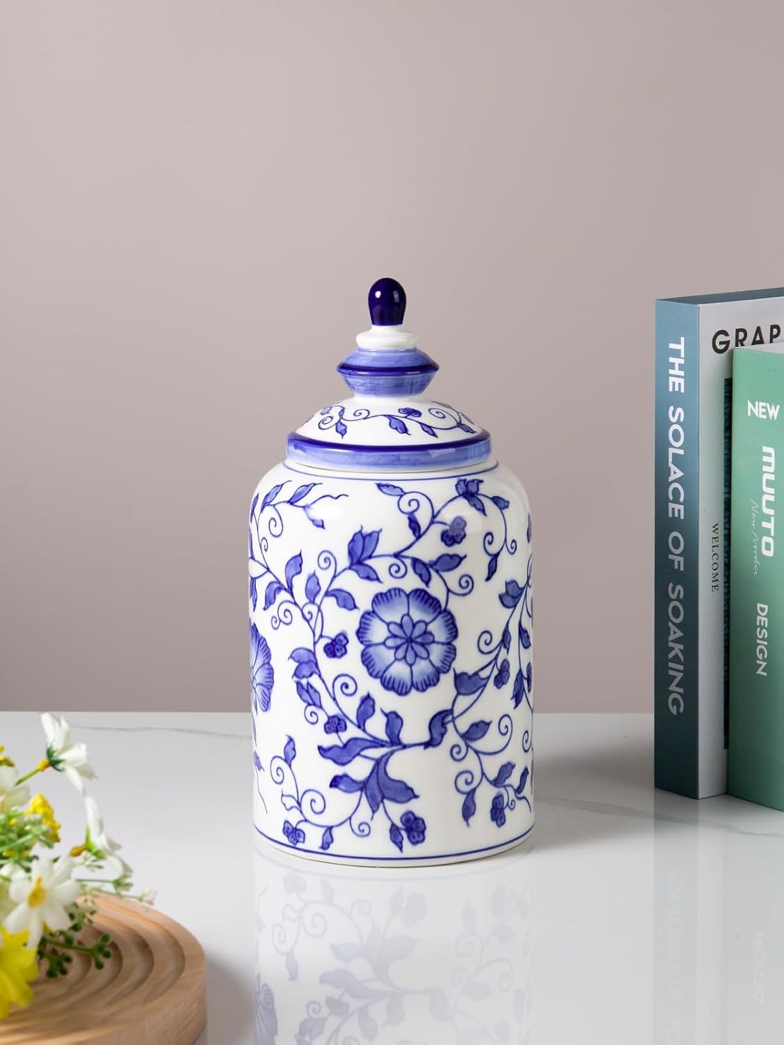Blue and White Ginger Jar for Home Decor, Chinoiserie Vase Decor, Ceramic Decorative Jars with Lid, 12x6 Inch, Flower