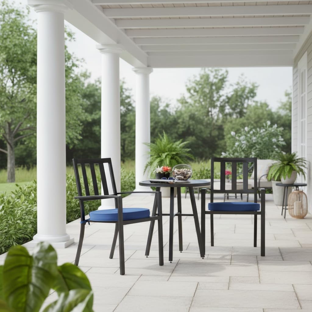 Set of 2 Outdoor 18 inch Round Patio Dining Chair Pads – Comfortable Fiber-Filled Seat Cushions with Ties, Reversible Polyester Fabric - Marine Blue