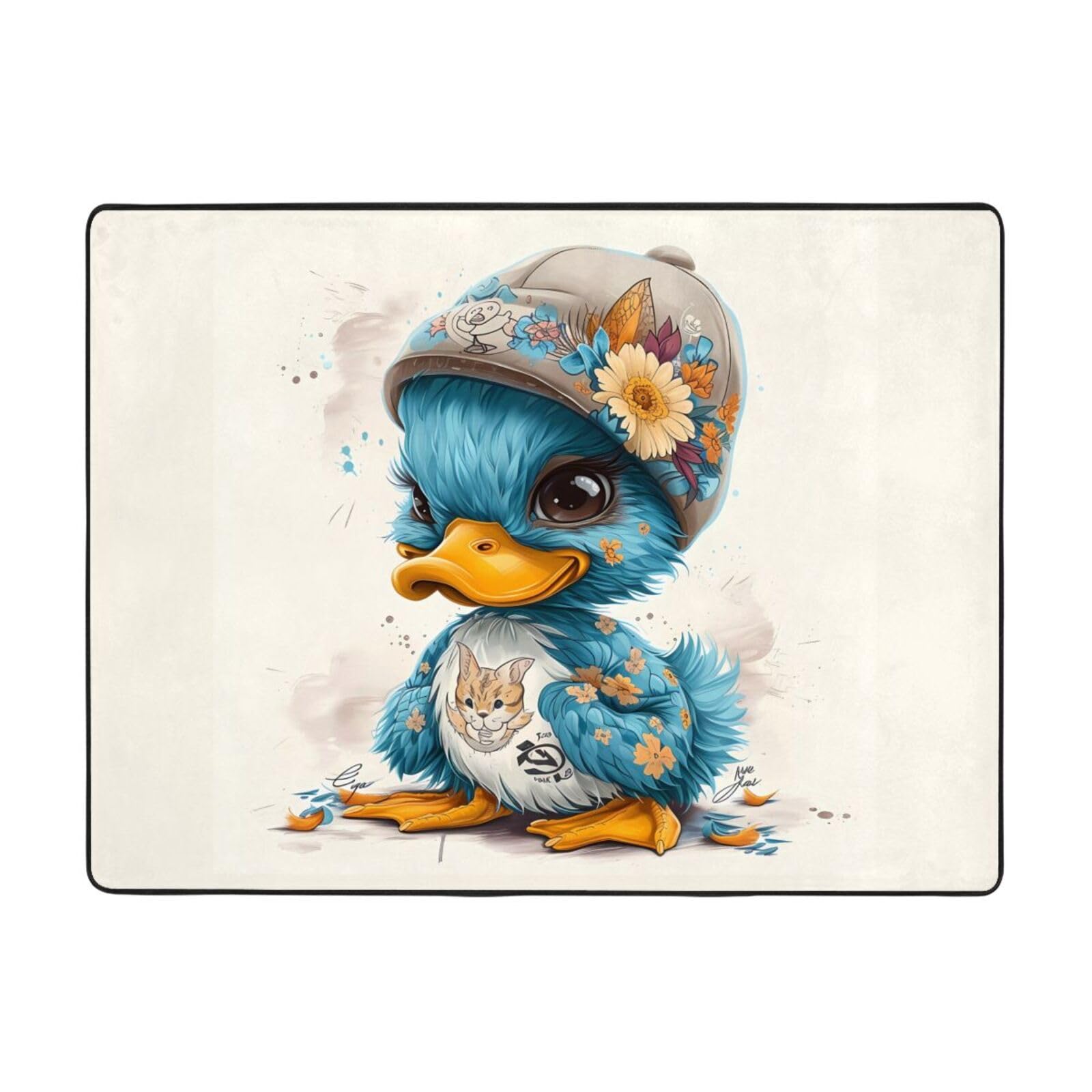 Tapis d'intérieur doux lavable pour chambre à coucher, salon – Motif tournesol mignon bleu canard 160 x 121 cm